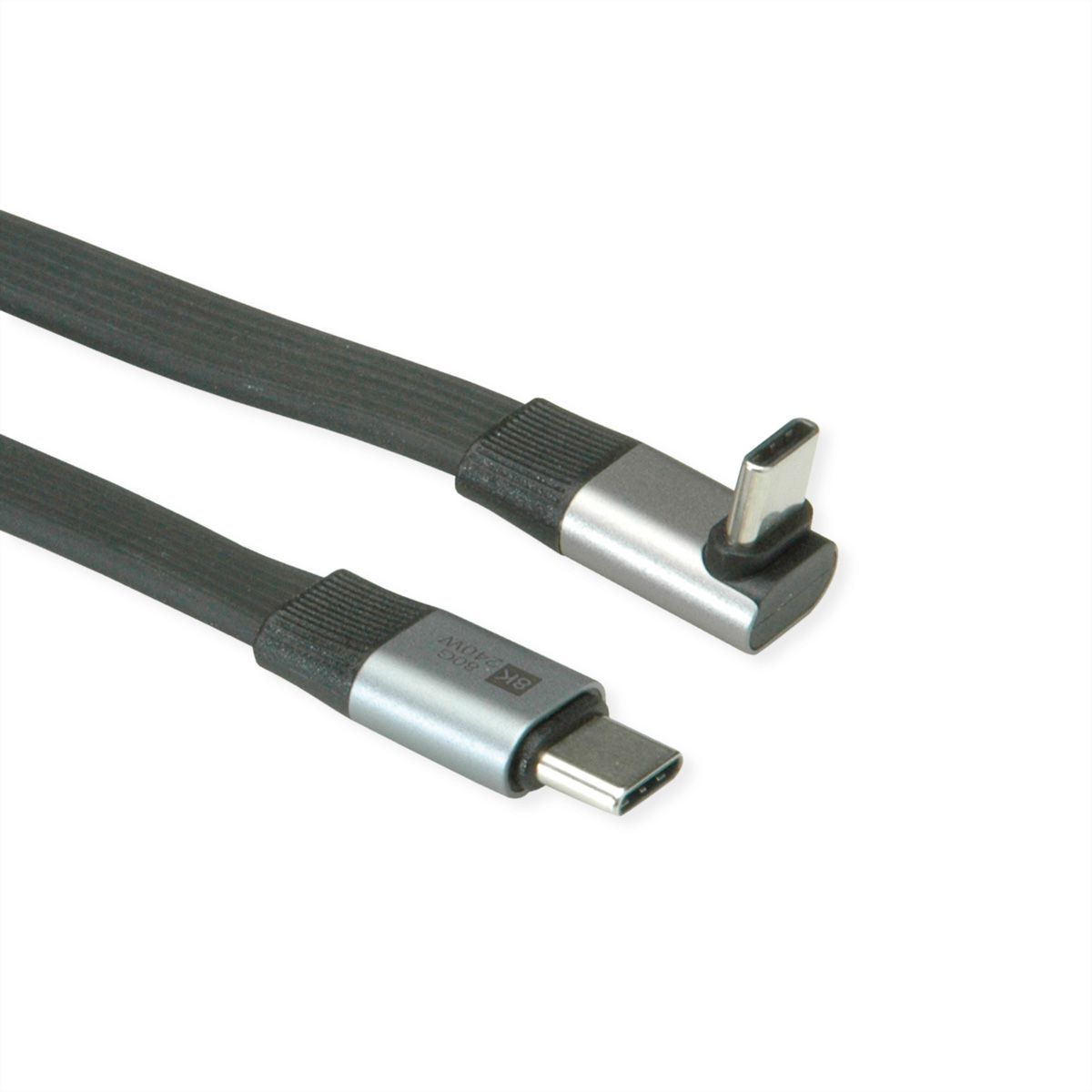 ROLINE Cable USB4 2.0, Flat, Straight-270° Angled, with Emark, C–C, M/M, 8K UHD-2, 80Gbit/s, 240W, black, 0.8 m