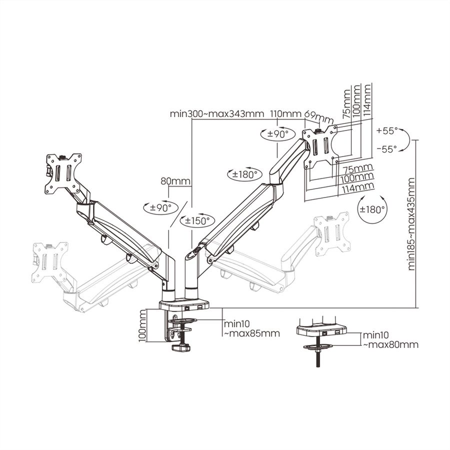 VALUE Dual LCD Monitor Arm, Desk Clamp, 5 Joints, Space Saving
