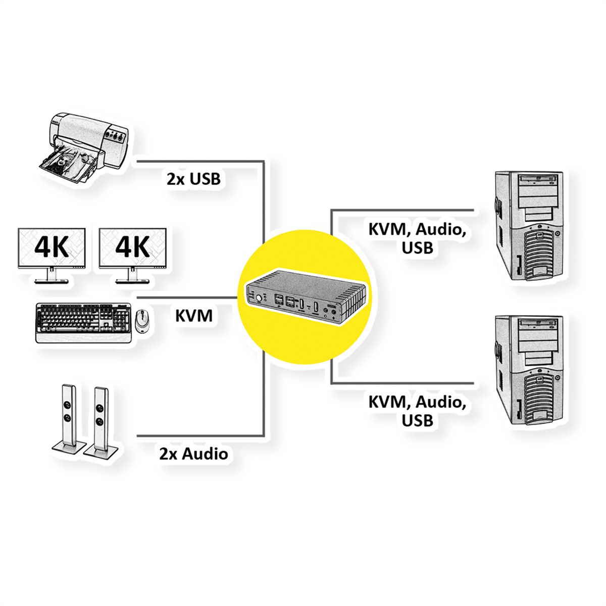 ROLINE Dual-Head 4K@60Hz HDMI KVM Switch, 2 PCs, DP/HDMI, Audio, with 2 Port USB 2.0 Hub