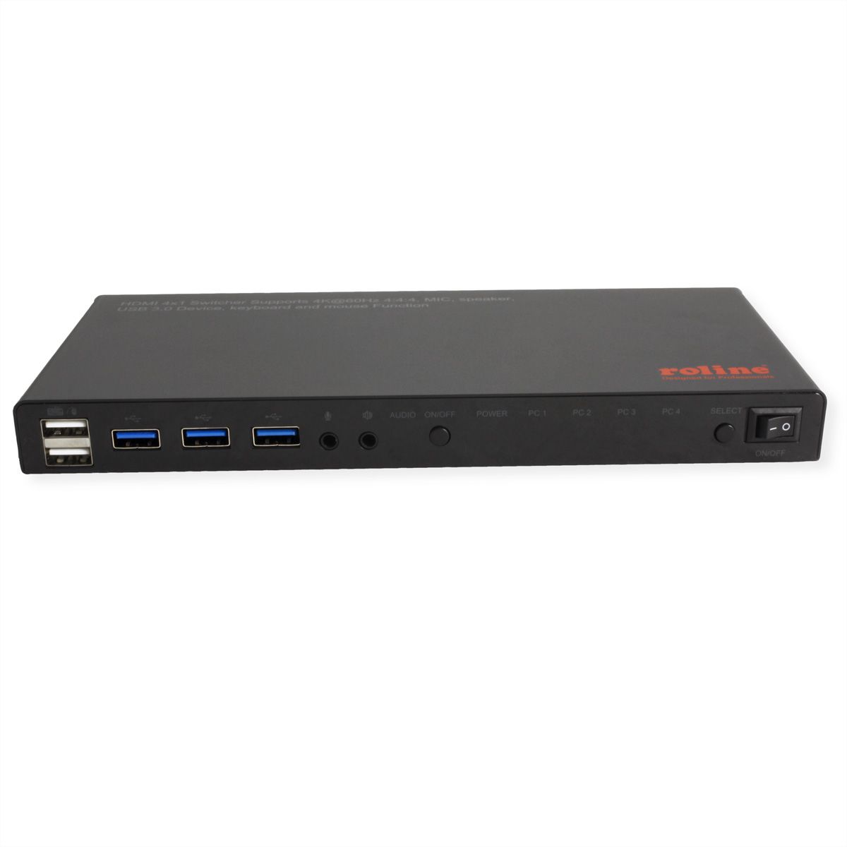 ROLINE KVM Switch, 4 PCs, HDMI 4K@60Hz, with 3 Port USB 3.2 Gen1 / USB 3.0 Hub
