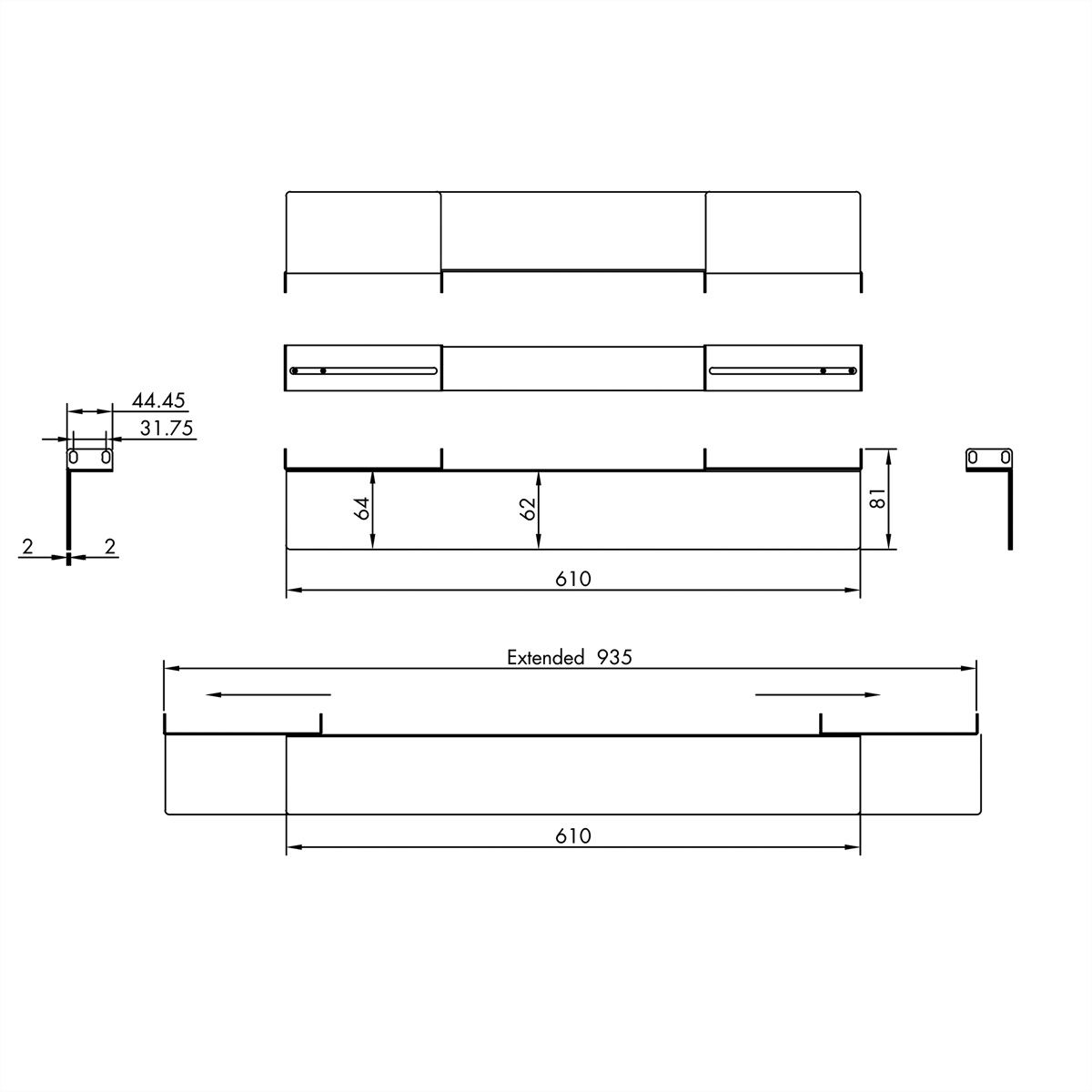 Slide Rails 1 Pair, variable depth 610-935mm, black