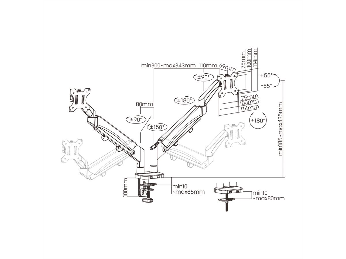 VALUE Dual LCD Monitor Arm, Desk Clamp, 5 Joints, Space Saving