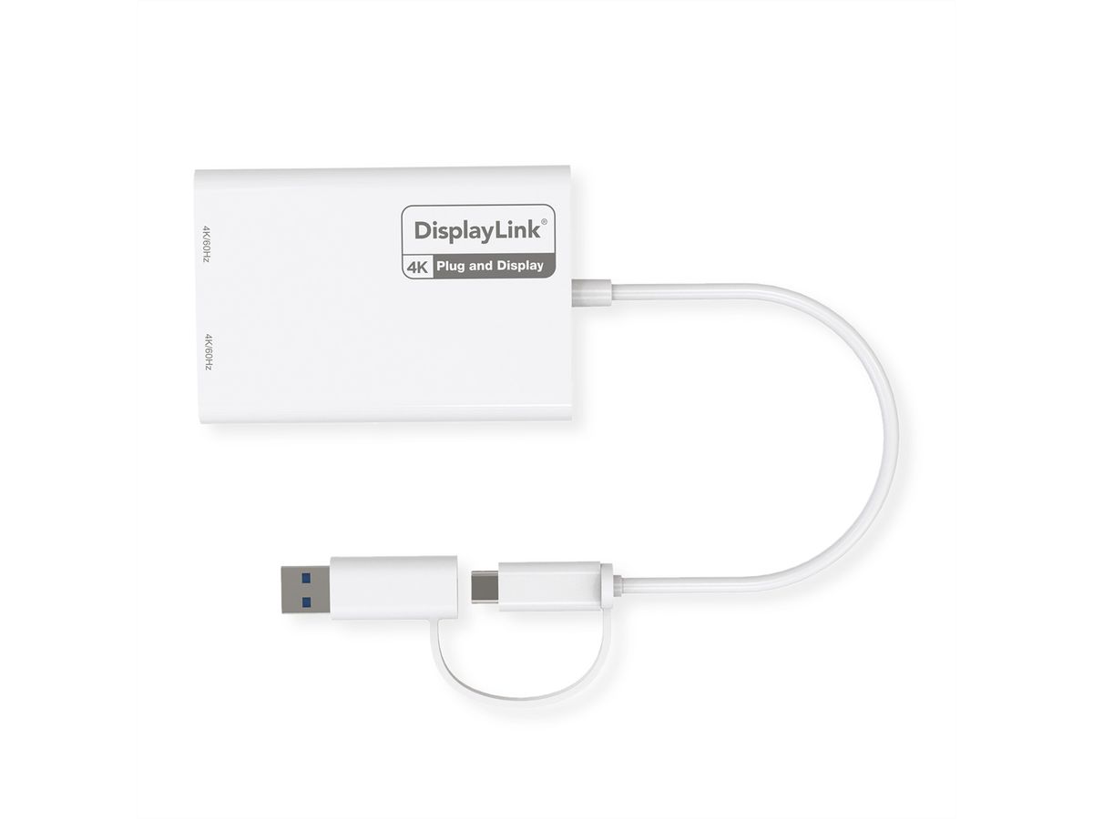 ROLINE USB Type A/C Adapter, 2x DP, with DisplayLink, 4K60