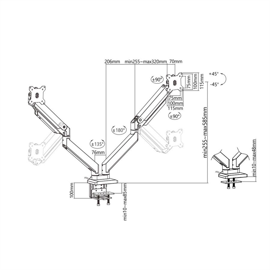 ROLINE Dual LCD Monitor Stand Pneumatic, Desk Clamp, Pivot, 5 Joints, 17–35 inch, max. 2x 15 kg