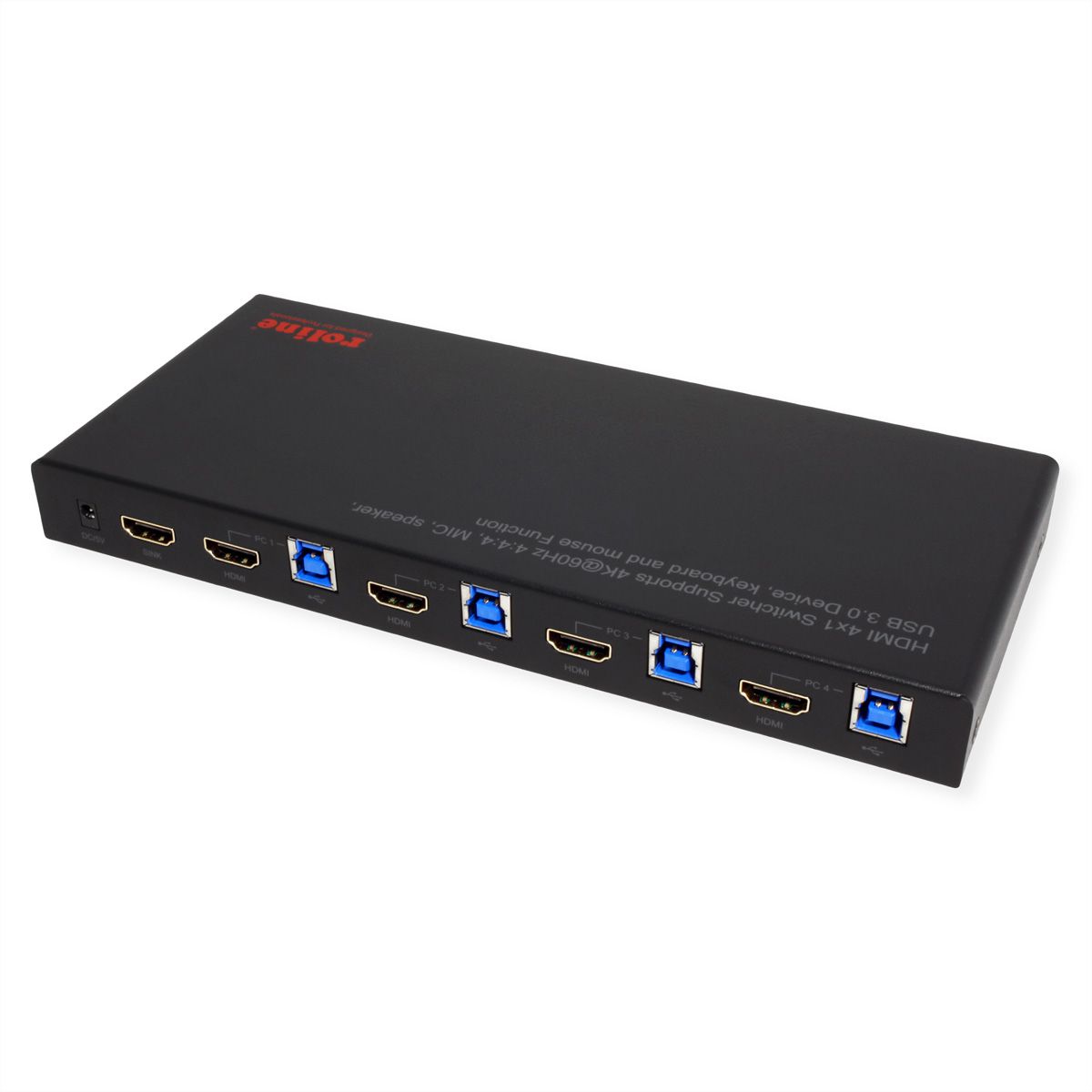 ROLINE KVM Switch, 4 PCs, HDMI 4K@60Hz, with 3 Port USB 3.2 Gen1 / USB 3.0 Hub