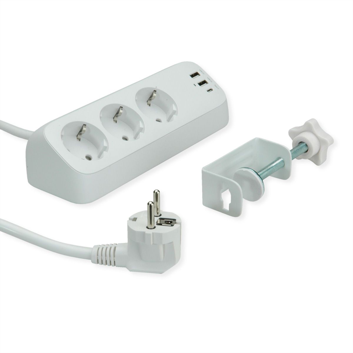 VALUE Power Strip, 3-way, with 3x USB (1x C + 2x A) and table clamp, 1.5 m