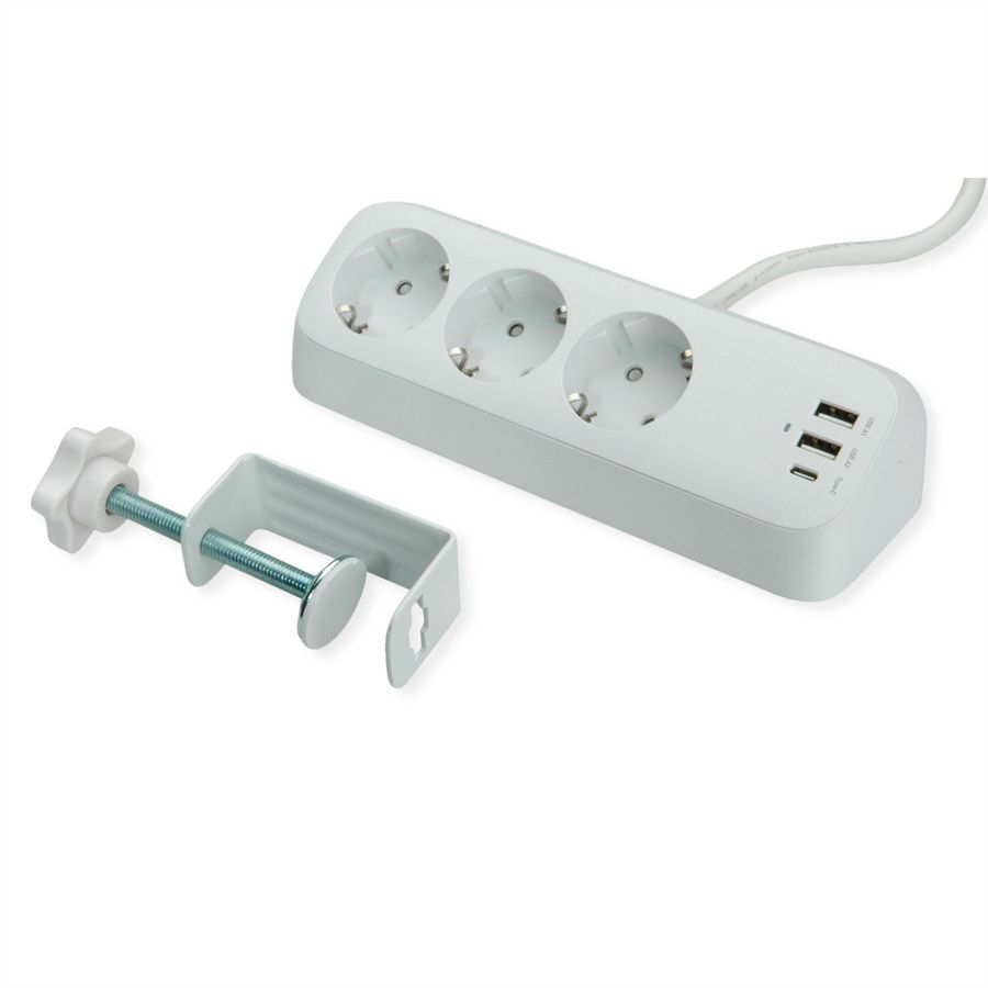 VALUE Power Strip, 3-way, with 3x USB (1x C + 2x A) and table clamp, 1.5 m