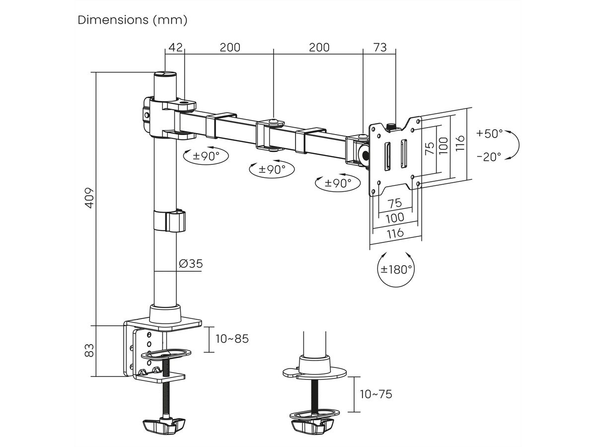 VALUE Monitor Arm, Pole-Mounted, < 124,46cm (49"), Heavy Duty < 20 kg