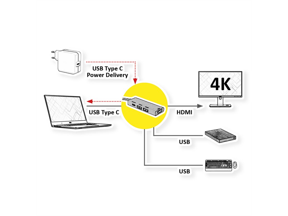 ROLINE GOLD USB Type C Docking Station, 4K HDMI, 2x USB 3.2 Gen 1 ports, 1x USB Type C PD (Power Delivery)