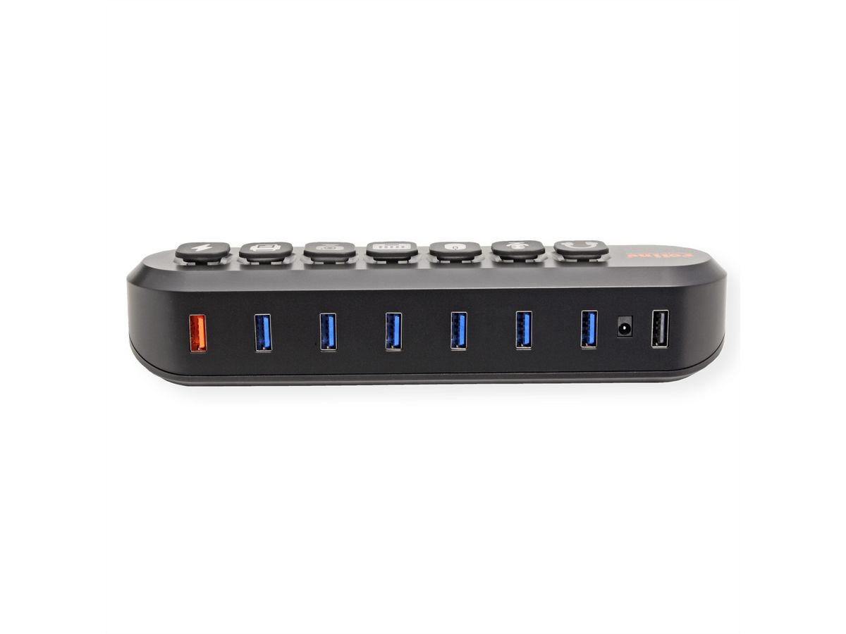 ROLINE USB 3.2 Gen 1 Hub, 7 Ports, USB Type A Connection Cable, with Power Supply, Swappable Buttons
