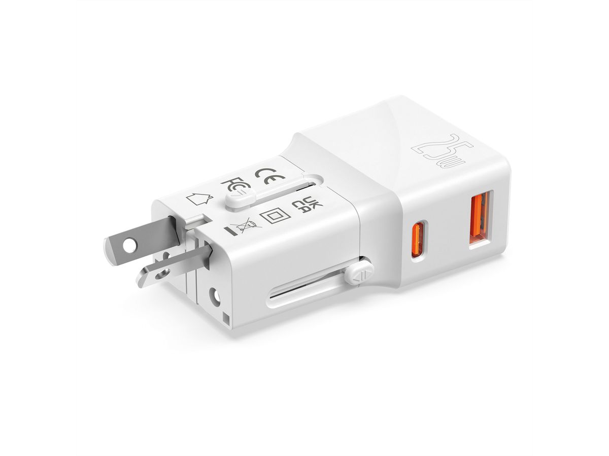 VALUE POCKET Travel Charger, EU/UK/US, 2x Ports (A+C), 25W, white