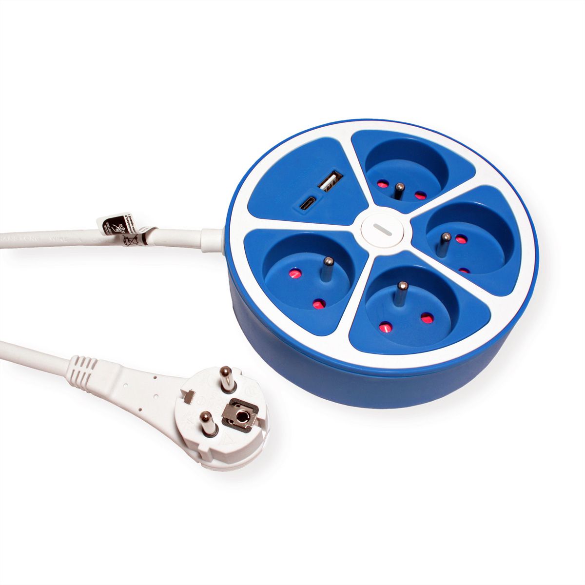 ROLINE Power Strip, 4-way, with switch, round, 1x USB A+ 1x USB C, UTE Version, blue, 3 m