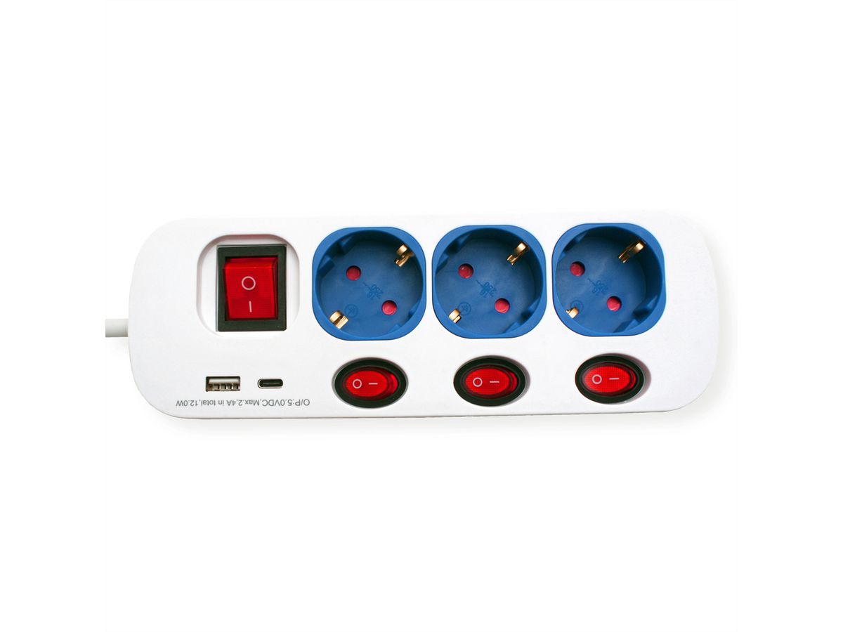 ROLINE Power Strip, 3-way, with individual on/off switches, 1x USB A, 1x USB C, 1.5 m