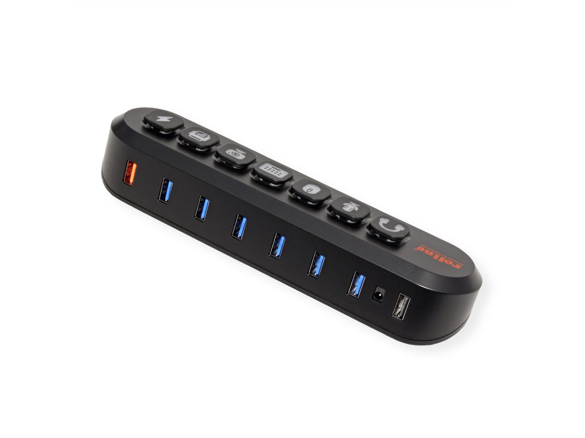 ROLINE USB 3.2 Gen 1 Hub, 7 Ports, USB Type A Connection Cable, with Power Supply, Swappable Buttons