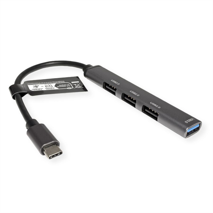 STANDARD USB 2.0 Hub, USB-C connector, 4x USB-A Ports (3x USB 2.0 + 1x USB 3.2 Gen1)