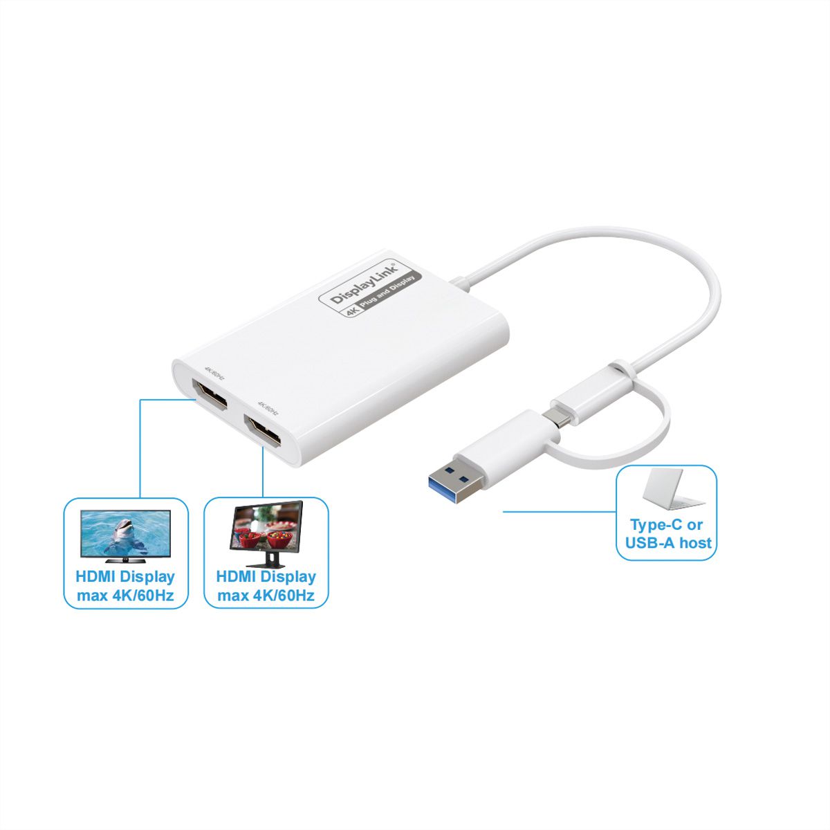 ROLINE USB Type A/C Adapter, 2x HDMI, with DisplayLink, 4K60