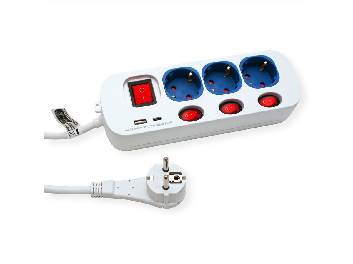 ROLINE Power Strip, 3-way, with individual on/off switches, 1x USB A, 1x USB C, 1.5 m