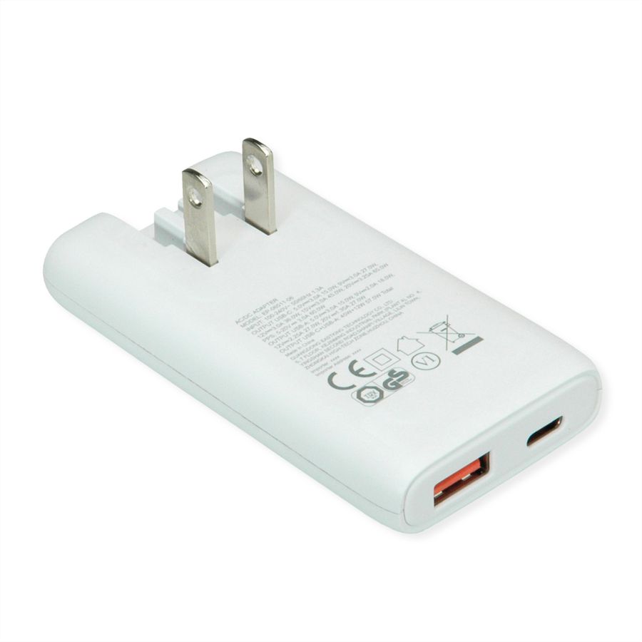 VALUE USB Wall Charger, EU/US Plug, 2x Ports (A+C), 65W