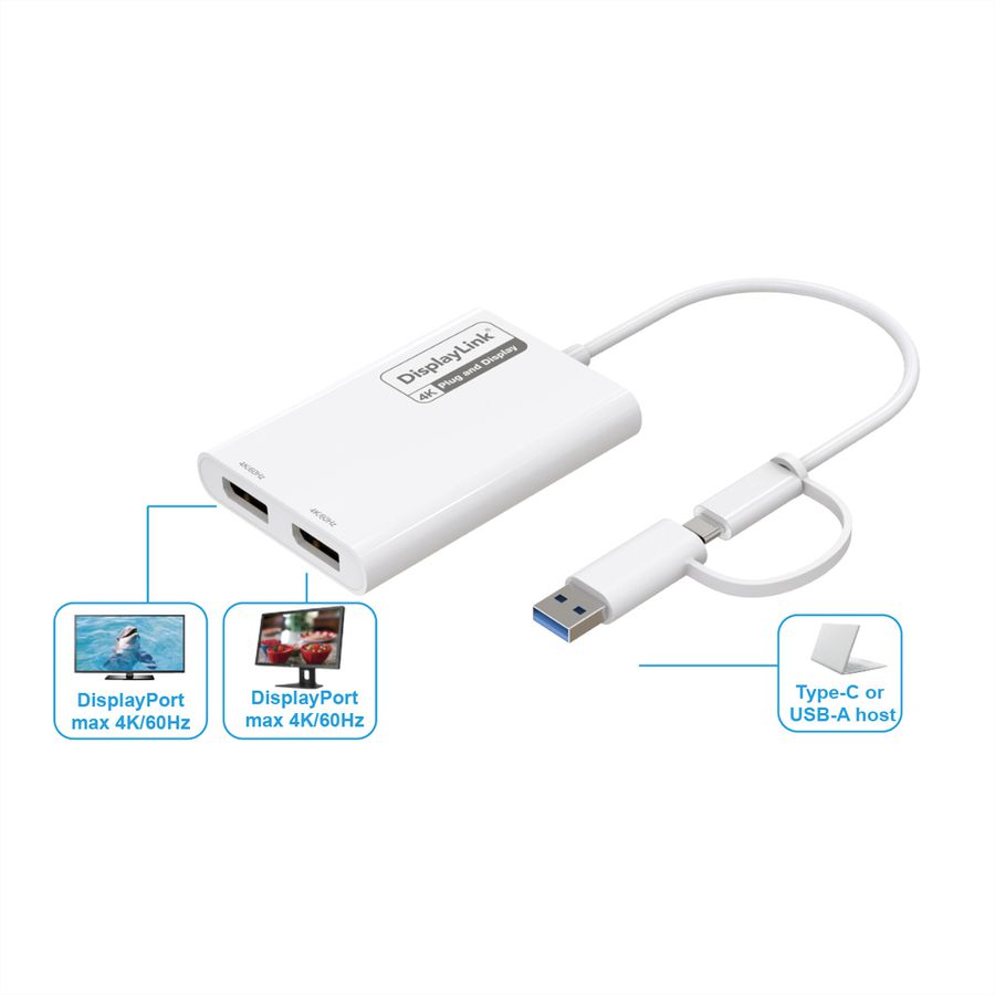 ROLINE USB Type A/C Adapter, 2x DP, with DisplayLink, 4K60