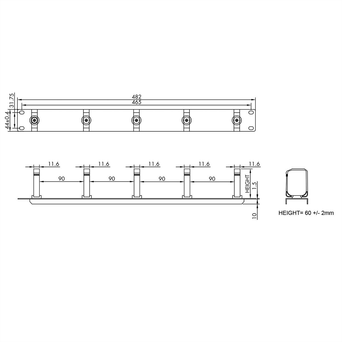VALUE 19" 1U Cable Management Plate, C-Type, 5 Hooks, black