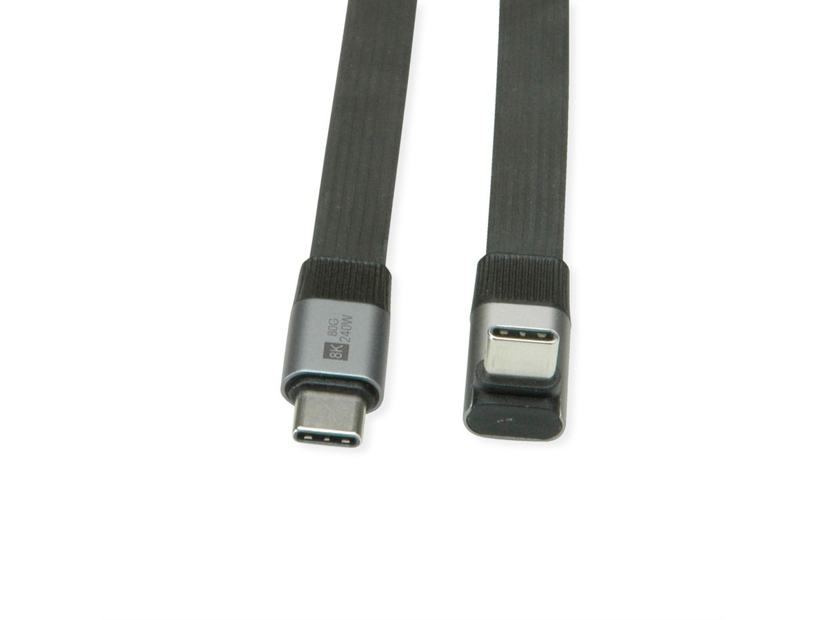 ROLINE Cable USB4 2.0, Flat, Straight-270° Angled, with Emark, C–C, M/M, 8K UHD-2, 80Gbit/s, 240W, black, 0.8 m