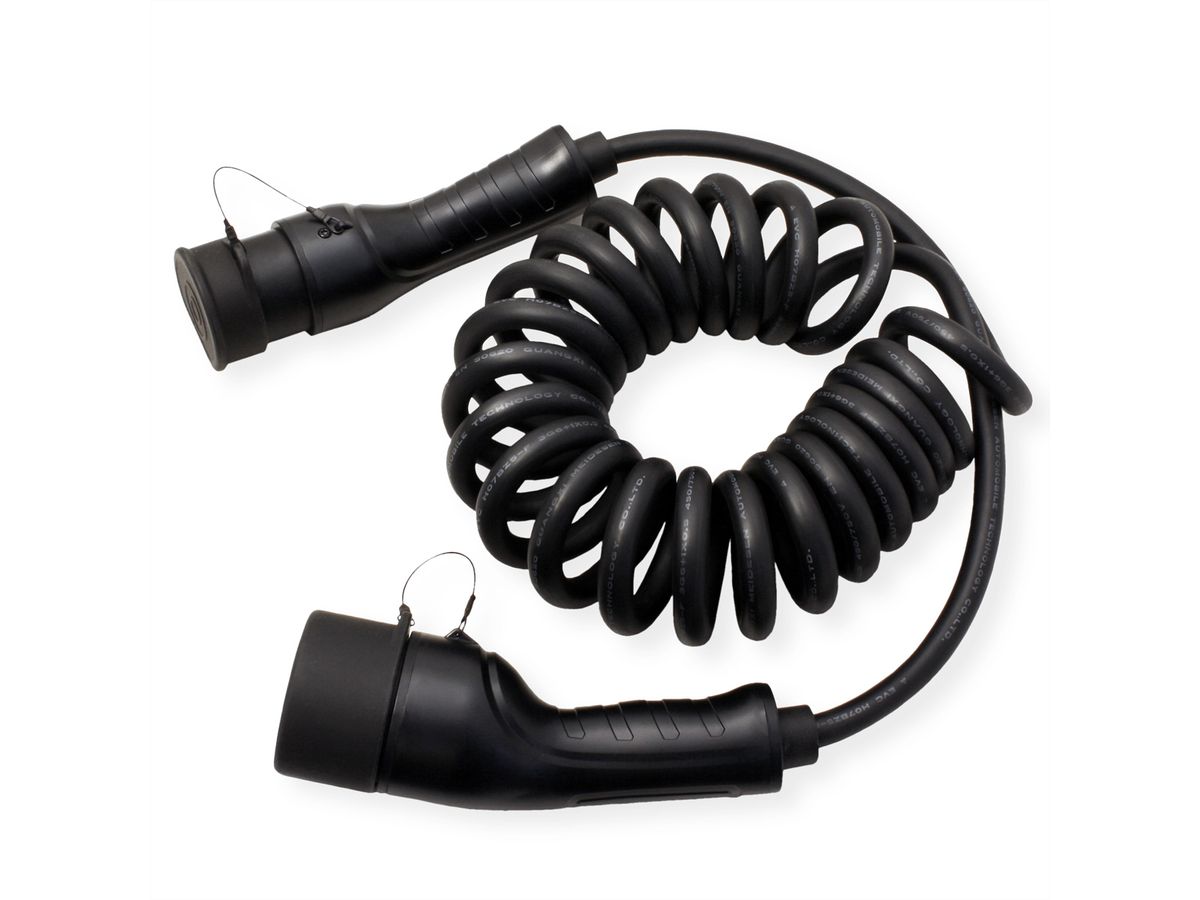 ROLINE EV Charging Cable Assembly Type2, 1-Phase, 250VAC (1P+N+E), 32 A, 7.4 kW, spiral, 7.5 m