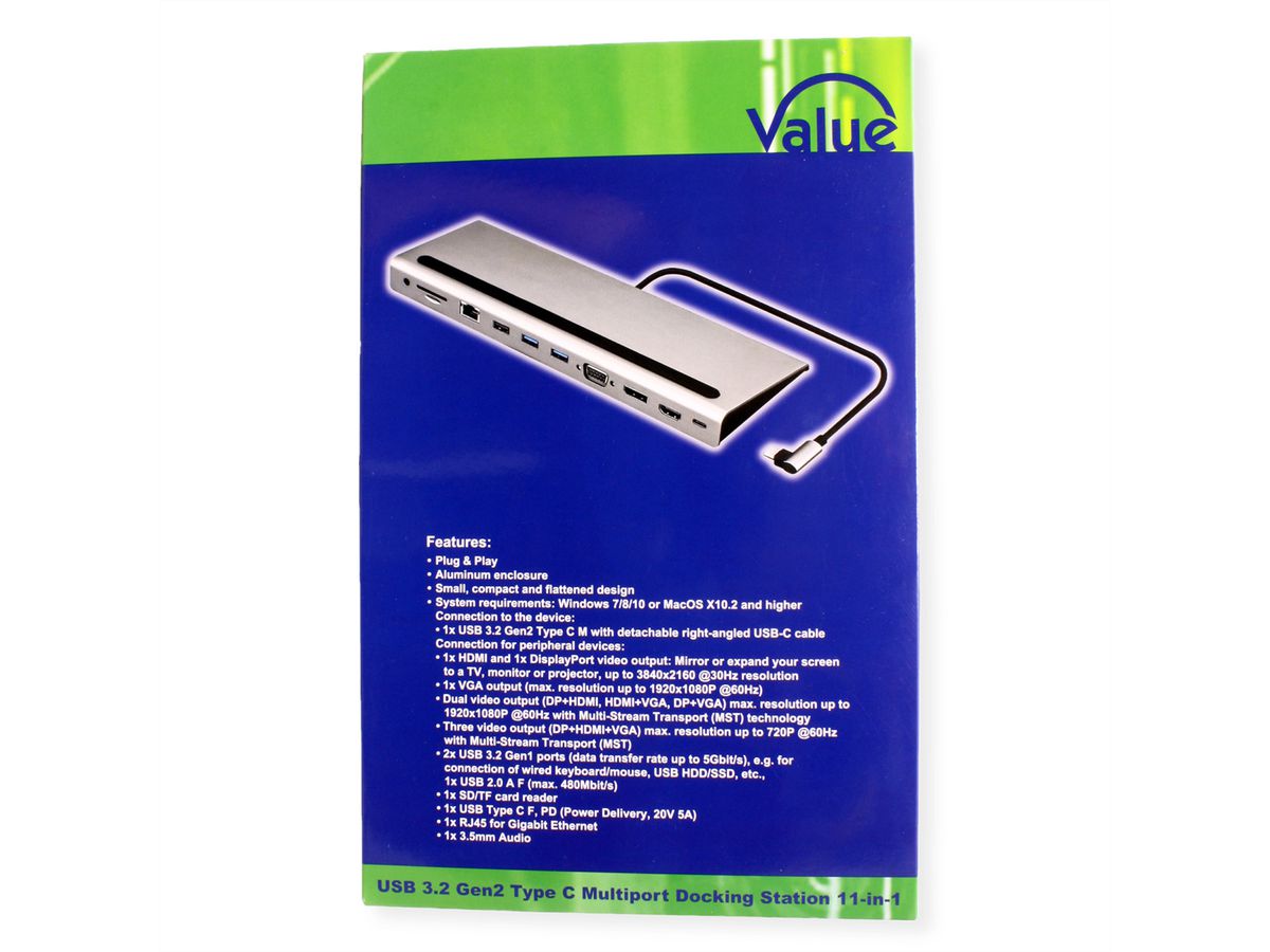 USB 3.2 Gen 2 Type C Multiport Docking Station, 4K HDMI/DP, VGA, 2x USB 3.2 Gen 1, 1x USB 2.0, 1x SD/Micro SD Card Reader, 1x USB Type C PD (Power Delivery), 1x Gigabit Ethernet, 1x 3.5mm Audio